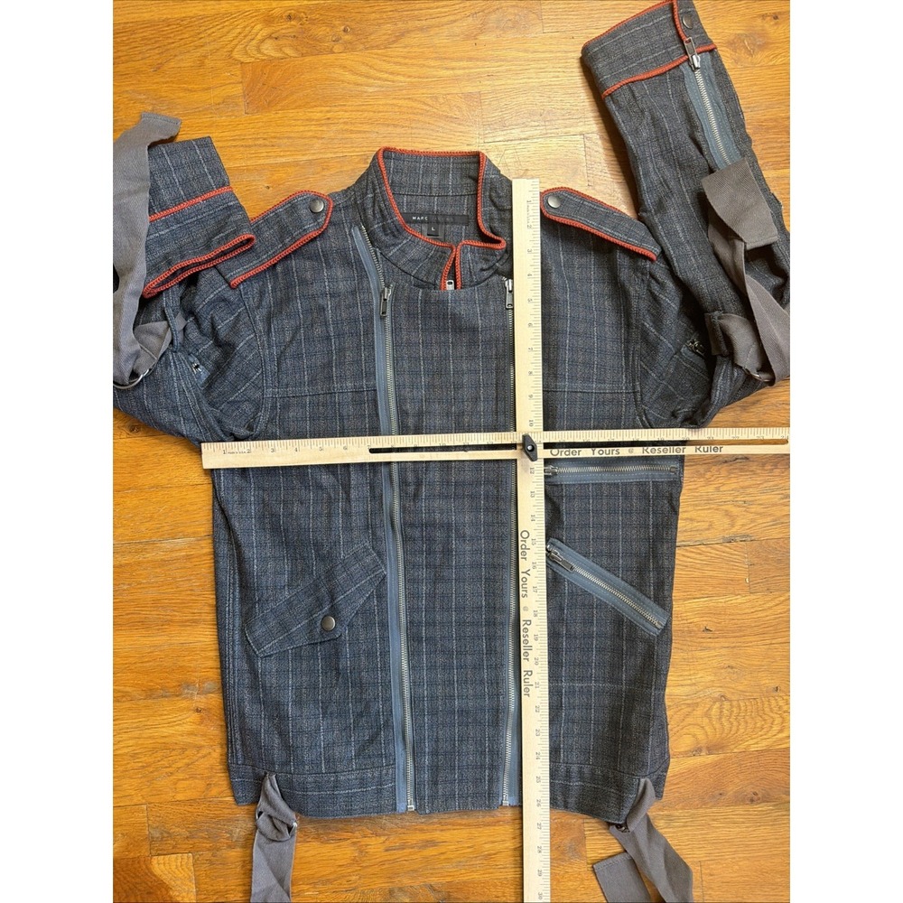 Marc Jacobs Vintage Denim Plaid Zipper Biker Jacket Sz L Mens Blue/ Gray/ Orange - Picture 13 of 16